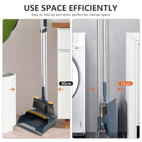 54" Lightweight Broom and Dustpan Set with 180° Rotating Upright Stand, Comb Teeth & Long Handle - Indoor Home Storage Solution for Kitchen, Room, Office