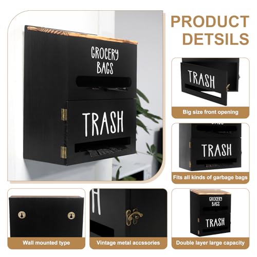 2 in 1 Trash Bag Dispenser, Double Wall Mounted,Wood Trash Bag Holder, used in kitchen, garage, laundry room, can store Environmentally friendly food bags and garbage bags (Black) - color: Black/Large(10inch*5.5inch*12.2inch)
