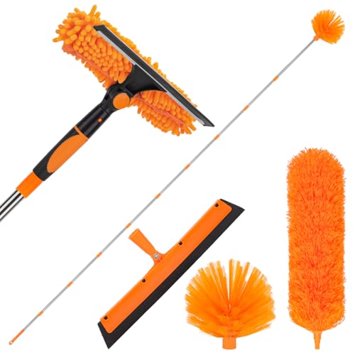 Cobweb Duster Kit and Window Squeegee Cleaner Tool with Extension Pole: 165 Inch 4-in-1 High Ceiling Dusting and Window Cleaning Kit - Cobweb Duster and Feather Duster