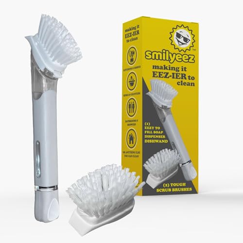 The Original Smiling Handle with Soap Dispensing for Scrub Daddy (Reg. TM) Sponge and Scrub Moji Sponge, Smile Caddy, and 2 Scrub Mojis (White/Grey Wands) - style: White / Grey Brush
