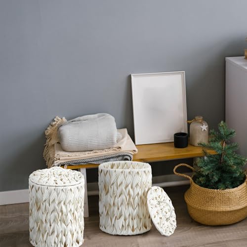 Ctosree 1.3 Gallons Small Trash Can with Lid Handle Boho Woven Braided Bathroom Waste Basket Trash Can with 100 Garbage Bags for Bedroom Office Laundry(Braided Polypropylene, Cream White) - color: Cream White, style: Round