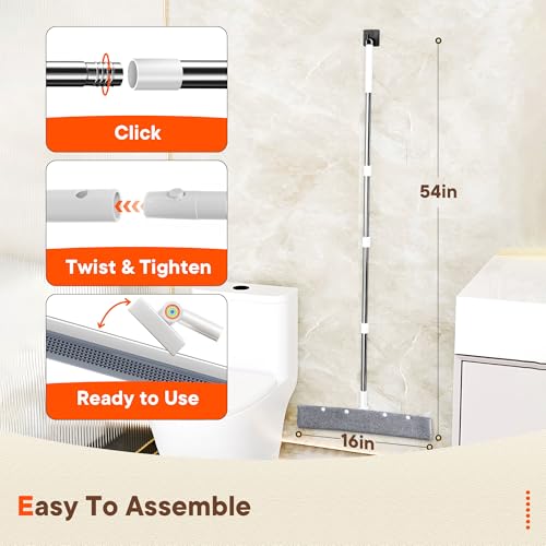 Floor Squeegee Broom with Rubber Scrubbing Teeth, 16 Inch 2-in-1 Magic Broom with 54 Inch Telescopic Long Handle, Shower Floor Squeegee for Bathroom, Kitchen, Tile, Concrete, Pet Hair