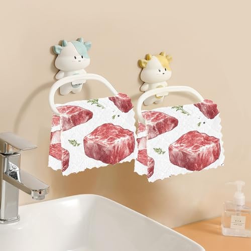 Kitchen Dish Cloths Beef Meat Steak Pattern 6 Pack Dish Towels for Drying Dishes Ultra Soft Absorbent Cleaning Towels Dish Rags, 11 X 11 Inches