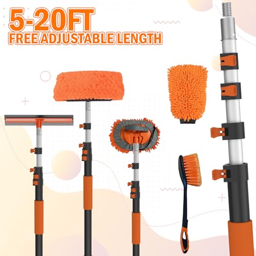 LAANPOLE 20FT Car Wash Brush with Long Handle, Car Cleaning Kit with Soft Bristle Wash Brush, Microfiber Cleaning Mop, Window Squeegee, Mitt, Wheel Brush for RV, Truck, Boat, House Siding - size: 20FT