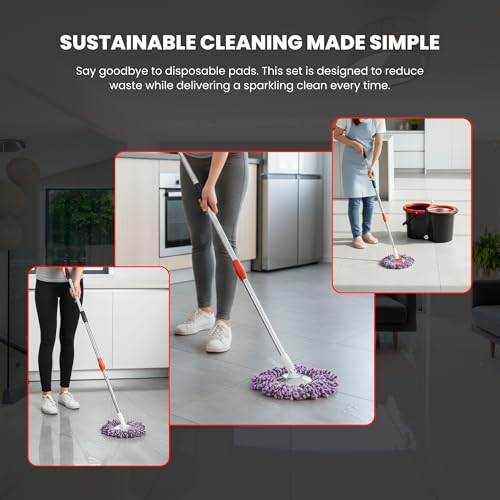 Spin Mop & Bucket Set with 2 Microfiber Mop Heads β Durable Stainless Steel & ABS Build β Black Red, Blue, Purple Colors β Bucket with 90β120cm Telescopic Handle