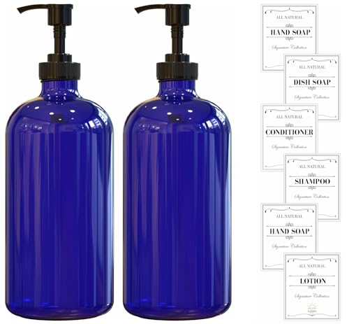 Sunrise Premium 16 OZ Cobalt Blue Glass Soap Dispenser with Pump 2 Pack, Hand and Dish Soap Dispenser Set for Bathroom and Kitchen Sink with 6 Waterproof Labels - color: Cobalt Blue Glass - Plastic Pump