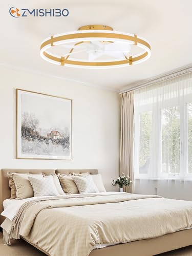 ZMISHIBO 24 Inch Ceiling Fans with Lights and Remote, Modern Low Profile Ceiling Fan, 3000-6000K Dimmable Flush Mount LED Fan Light, 6 Wind Speeds, Fandelier Ceiling Fans for Bedroom- Gold - color: Gold, size: 24 INCH