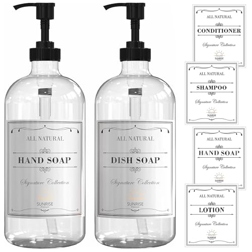 Sunrise Premium 16 OZ Thick Clear Glass Soap Dispenser with Pump 2 Pack, Hand and Dish Soap Dispenser Set for Bathroom and Kitchen with 6 Waterproof Labels - color: Black Plastic Pump - Clear Glass