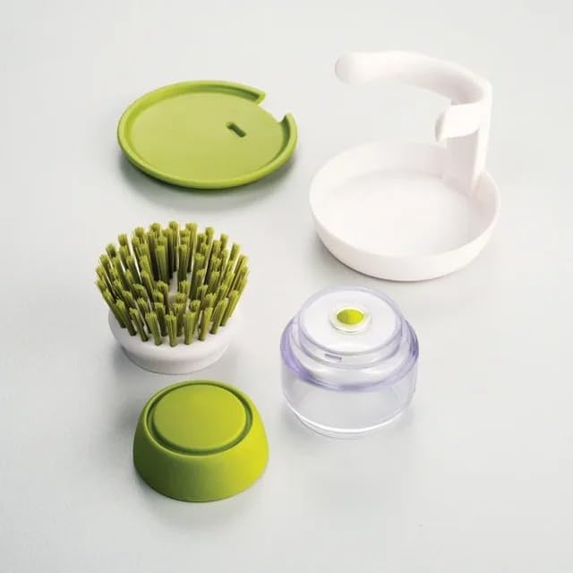 Soap Dispenser Palm Dish Brush with Storage Bracket – Drainage Base, Easy-to-Clean Kitchen Utensil Cleaner | Includes Extra Soft Bristle Brush (Green) - color: Green