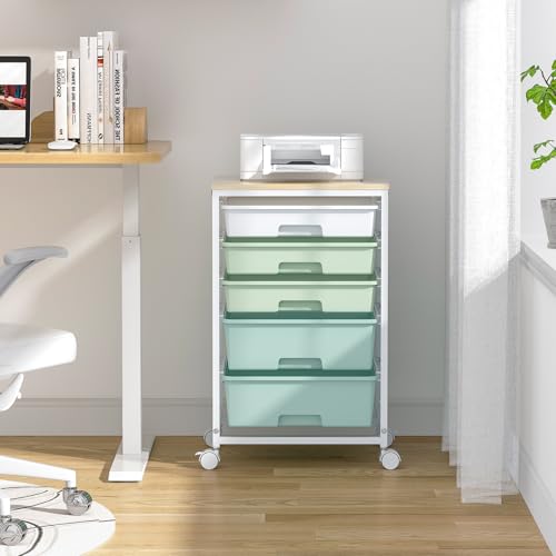 SYKIARIOL Utility Cart with 5 Drawers,Storage Cart with Wooden Tabletop and Lockable Wheels,Craft Storage Trolley Organizer,5-Tier Rolling Utility on Wheels,Light Green - color: Green