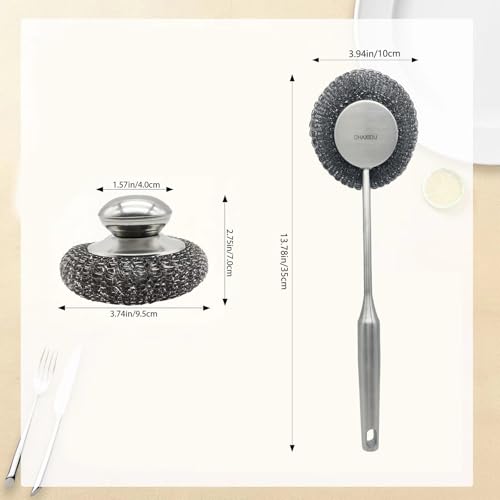 Stainless Steel Wool Scrubber Set, Long Handle & Handle Brushes, Metal Brush for Pots, Pans, Grills & Cutlery Cleaning (3 Pack)