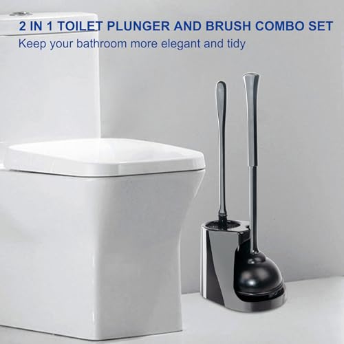 CELOX Black Toilet Plunger and Brush Set with Holder for Bathroom, 1 Set,Silver-Black - color: Silver-black