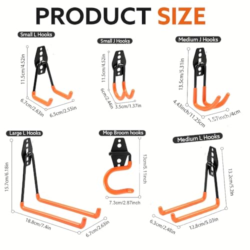 16 Pack Garage Hooks Heavy Duty, Industrial Wall Mount Garage Storage Hooks for Hanging Bike, Ladder and Garden Tools, Organization System with Mop Broom Holders, 100 LBS Capacity, Orange