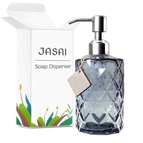 JASAI Diamond Design Glass Soap Dispenser with 304 Rust Proof Stainless Steel Soap Pump, 12 Ounce Kitchen Soap Dispenser for Bathroom, Hand Soap, Dish Soap (Grey) - color: Gray