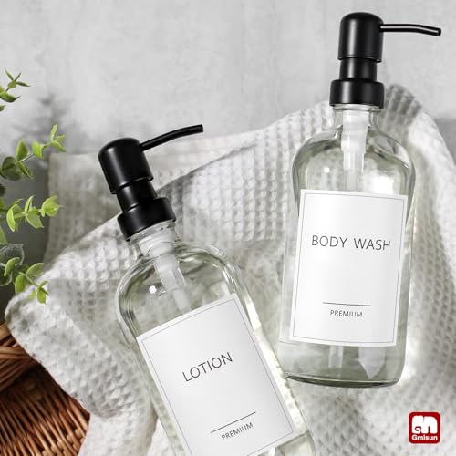GMISUN Glass Soap Dispenser with Pump, 2 Pack Clear Bathroom Hand Soap Dispenser with Stainless Steel Pump, 16 Oz Refillable Kitchen Hand and Dish Soap Dispensers Set, Modern Liquid Pump Bottles - color: Clear Bottle + Black Pump, size: 2 Pack