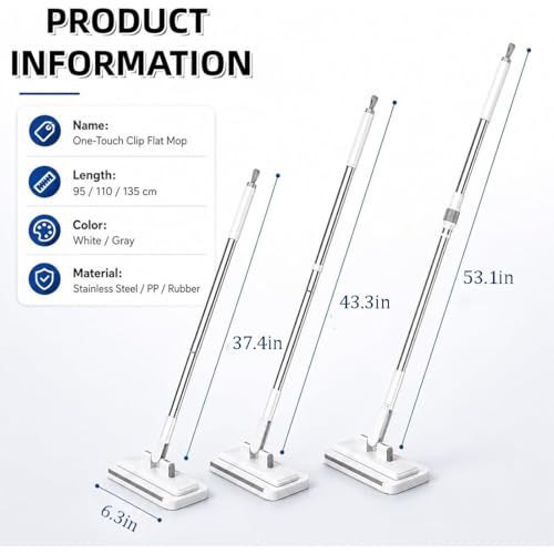 Hands Free Flat Mop, 2026 New Hands Free Multi Purpose Flat Mop, Multifunctional Lazy Mops with One-Click Cloth Attachment, 360° Rotating Mops Head, for Floor, Wall, Bathroom (1, M(43.3in)) - color: M(43.3in)