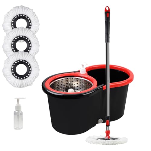 Spin Mop and Bucket with Wringer Set, 360° Spinning Mop Bucket System with 3 Microfiber Mop Replacement Heads, Adjustable Handle for Floor Cleaning (Black) - color: Black