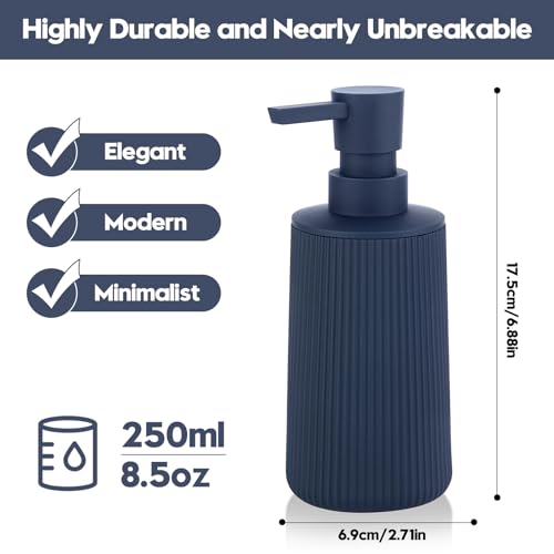 Small Soap Dispenser for Bathroom and Kitchen, Modern Farmhouse Striped Style Plastic Hand Soap Dish Soap Dispenser with Pump Matte Blue - color: Navy Blue