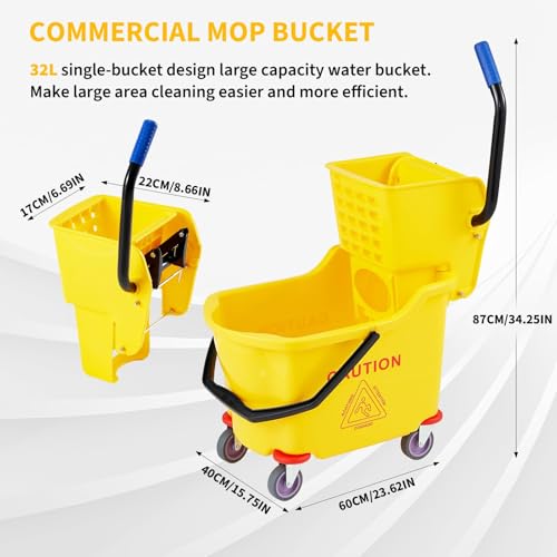 Heavy Duty 32L Commercial Mop and Bucket Set – Double Bucket Floor Cleaning System with Side Press Wringer, Rolling Wheels, for Janitorial, Restaurant, Office, Industrial Use – Yellow
