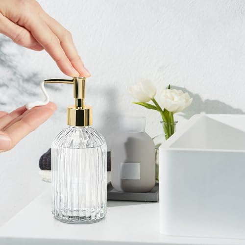 14Oz Gold Pump Glass Soap Dispenser, Clear Stripe Countertop Refillable Liquid Bottle Hand Dish Lotion Dispenser with Plastic Pump, for Kitchen, Bathroom - color: Clear