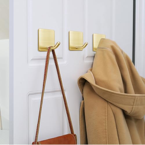 FOTYRIG Golden Stainless Steel Square Self Adhesive Hooks - Extra-Long Anti-Slip with Upgraded Adhesive, Holds 15lb Heavy Duty Wall Hooks for Kitchen, Bathroom, Garage -4 Packs - color: Gold