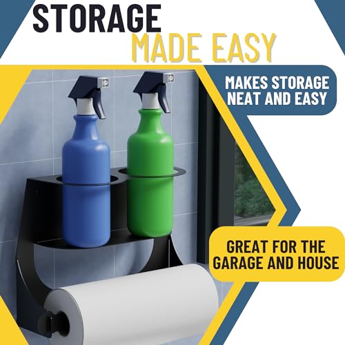 Koova Spray Bottle & Paper Towel Rack Heavy Duty- Wall Mount Storage for 2 Spray Bottles and Paper Towel Roll Utility Organizer Hardware Included - Made in USA Sturdy Metal Holder for Home and Garage