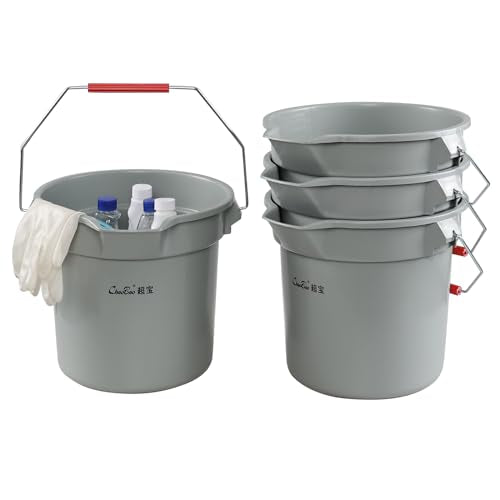 Begale 4-Pack 3.5 Gallon Plastic Round Car Wash Bucket with Handle, Gray | 14 Quart Commercial Cleaning Pail, Pour Spout, Quart Measurement Marks, Comfort Handle, Perfect For Commercial Cleaning Tasks