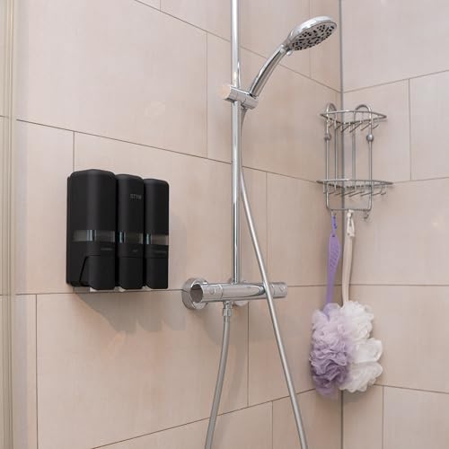 Shower Soap Dispenser 3 Chamber No Drill, Wall Mounted Shampoo Conditioner Body Wash Dispenser, Stick-On Installation, Lockable Matte Black, Refillable 250ml x 3 for Bathroom & Hotel