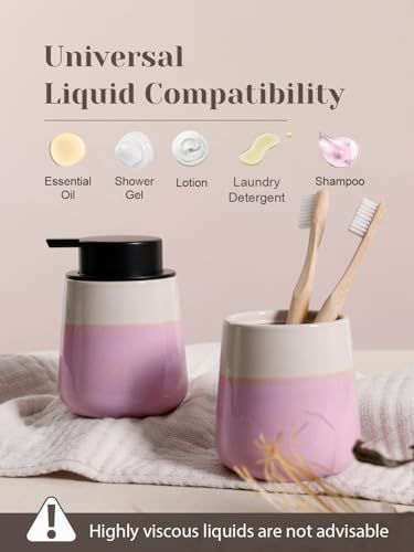 INGOFIN Ceramic Hand Soap Dispenser - 12 oz Liquid Lotion Dispenser Bathroom, Refillable Modern Dish Soap Dispenser with Pump for Kitchen, Beige and Pink - color: Beige and Pink-liquid