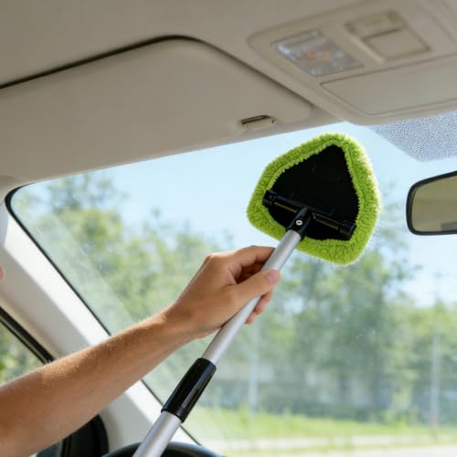 Microfiber Car Windshield Cleaning Tool with Extendable Handle,Car Defogging Glass Cleaning Brush with 4 Reusable Microfiber Pads 1 Spray Bottle and 1 Car Dust Removal Brush. (Green) - color: green