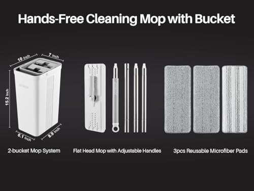 JOYMOOP Mop and Bucket Set for Home and Commercial Use, Flat Mop System with 3 Reusable Microfiber Pads, Floor and Wall Cleaner - color: White Standard243