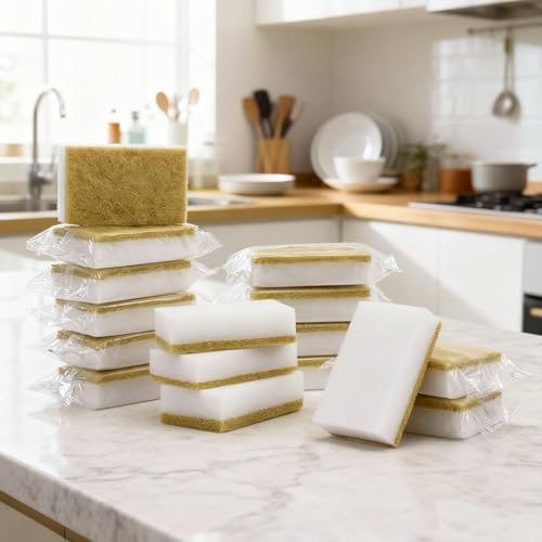 Tioncy 100 Pcs Individually Wrapped Sponges Kitchen Bulk Brown Dish Non Scratch Scrub Sponges Dual Sided Cleaning Dish Scrubber for Washing Dishes, Pots, Pans, Sinks, Stoves, Appliances, Car, Bike - color: Brown White