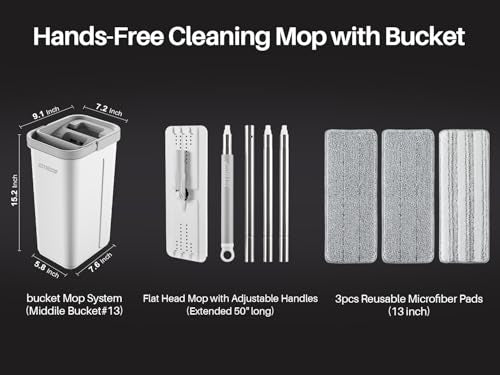 JOYMOOP Mop and Bucket Set, Hands-Free Flat Floor Mop with 3 Washable Microfiber Pads, Wet and Dry Use, Ideal for Home and Commercial Floor Cleaning - color: White Lite133