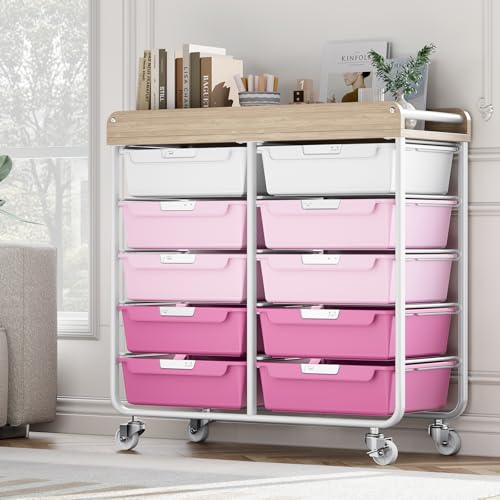 10 Drawers Rolling Cart with Wooden Tabletop, Utility Storage Cart with Wheels, Art Supply Craft Organizer on Wheel with Metal Frame & Handles for Home Office School,Pink - color: Pink