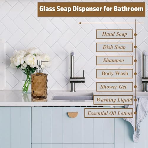 12Oz Brown Soap Dispenser Bathroom - 2 Pack, Clear Glass Hand Soap Dispensers with Stainless Steel Pump, Refillable Dish Soap Dispenser for Kitchen, Countertop Soap Dispensers - color: Diamond Brown(2-pack)