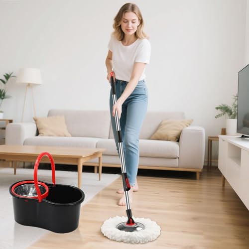 Spin Mop and Bucket with Wringer Set, 360° Spinning Mop Bucket System with 3 Microfiber Mop Replacement Heads and 51" Stainless Steel Adjustable Handle for Floor Cleaning (15QT) - color: Black-4