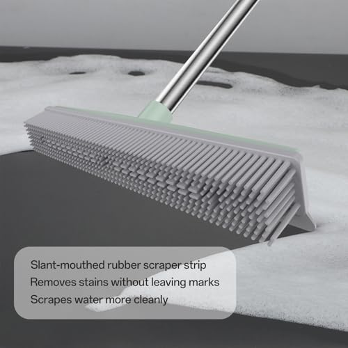 Rubber Broom with Hair Removal Gloves for Carpet Pet Hair Remover,50 inch Long Handled Fur Remover Rake,Portable Detailing Lint Brush,Pet Removal Fluff Carpet,Hardwood Floor,Tile,Green