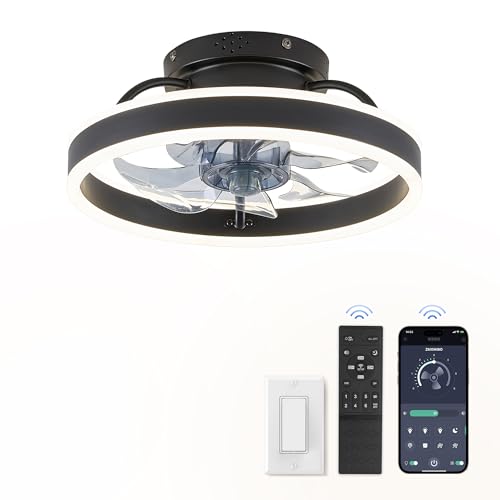 ZMISHIBO Low Profile Ceiling Fans with Lights and Remote, 13 Inch Fandelier Ceiling Fan with Light, Black Modern Flush Mount Ceiling Fan, Small Dimmable LED Fan Lights for Bedroom - color: Black, size: 13 INCH