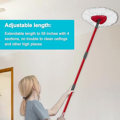 Spin Mop Replace Head, Base, Mop Handle Replacement for OCedar EasyWring 1 Tank System, Include 2 Microfiber Mop Head Replacement, 1 Sturdy Iron 30-58" Mop Handle, 1 Scrubber Head, 1 Spin Base - color: 2 White Heads + 1 Set Mop Handle + 1 Base + 1 Brush