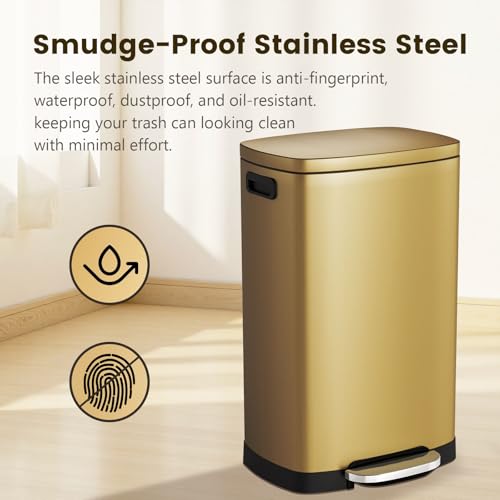 ELPHECO Kitchen Trash Can with Lid Soft Close, 13 Gallon / 50L Stainless Steel Pedal Garbage Can, Heavy-Duty Step Wastebasket with 20 Bags, Removable Bucket, Home Office, Kitchen, Titanium Gold - color: Titanium Gold