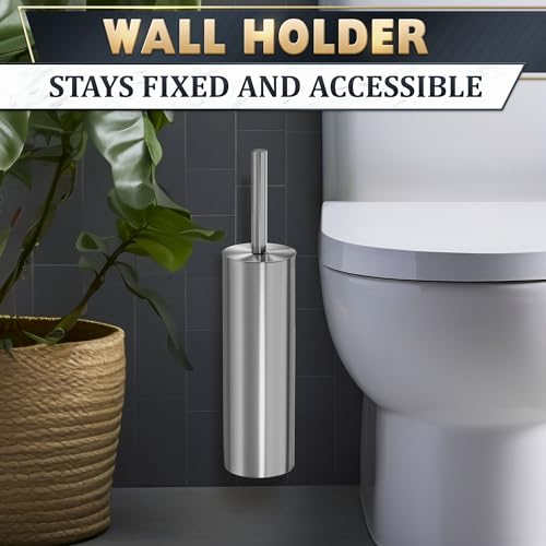 Silver Modern Toilet Brush and Holder Set with Wall Mount - Stainless Steel Toilet Brush with Holder - Removable Inner Bowl, Shiny Design, Splash Protection & Dense Bristles for Bathroom Cleaning - color: Silver Wall-mounted