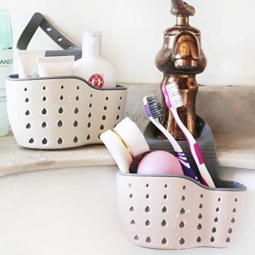 EC ELEGANTCHARM Kitchen Sink Caddy Sponge Holder Silicone Plastic Soap Holder Hanging Ajustable Strap Faucet Caddy with Drain Holes for Drying - color: White-1 Pack