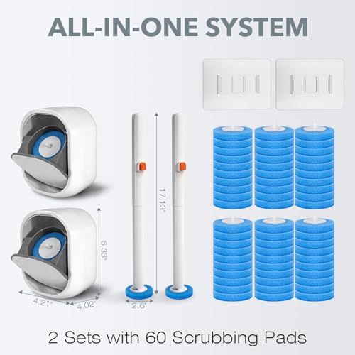 2-Pack Disposable Toilet Brush & Wand Kit, Wall-Mounted Auto-Closing Caddies with 60 Refills, Deep Cleaning System with Pre-Loaded Scrubber for Rust & Hard Water - Mess-Free Modern Design