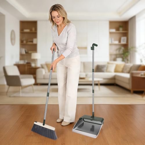Broom with Dustpan Combo Set, Heavy Duty Standing Metal Dust Pan with Teeth, Indoor Outdoor Up for Home Kitchen Lobby Room Office, Green - color: Green