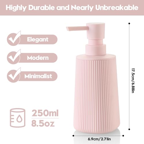 Small Soap Dispenser for Bathroom and Kitchen, Modern Farmhouse Striped Style Plastic Hand Soap Dish Soap Dispenser with Pump Matte Pink for Girls - color: Light Pink