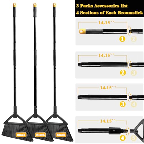 Heavy Duty Commercial Broom, 3 Pack Upgraded Angle Brooms for Sweeping Outdoor and Indoor, Perfect Black Brooms of House, Kitchen, Garage, Courtyard, Concrete - color: 3 * Black