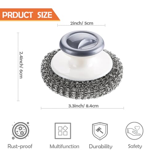 2Pcs Stainless Steel Scrubber with Handle, Steel Wool Scrubber Tool for Cleaning Dishes, Scrubbing Scouring Brush Pad for Kitchen Pots, Pans, Sink