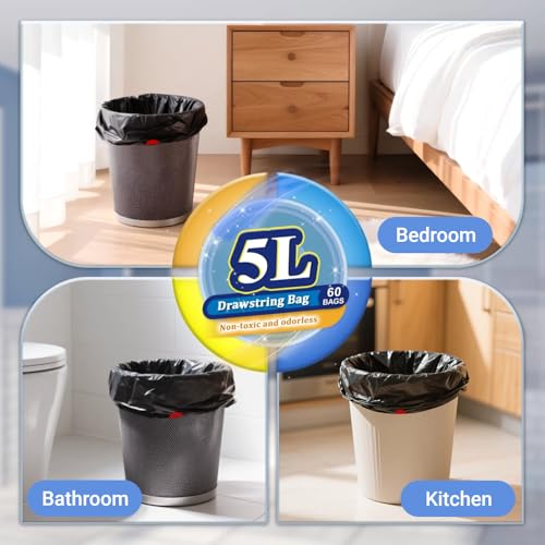 XUXRUS 1.5 Gallon Small Trash Bags, 60 Count Black Drawstring Garbage Bags | Tear-Resistant Mini Trash Bags with Easy Tear-Off Design, Suitable for Bathroom Waste Bins and Office Trash Cans - style: 1.5 GAL-Black-60