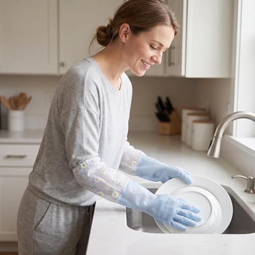 1 Pair Waterproof Kitchen Gloves, Reusable Dishwashing Gloves, Extended Daisy‑Print Long Sleeve Household Glove - size: Large