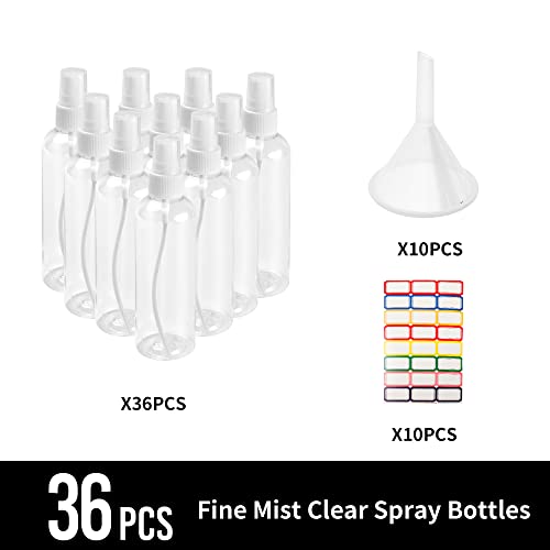 36 Pack Plastic Small Spray Bottles 4 oz/120 ml, Fine Mist Clear Empty Plastic Small Travel Spray Bottle, with 10 Funnels and 10 Labels - color: Clear